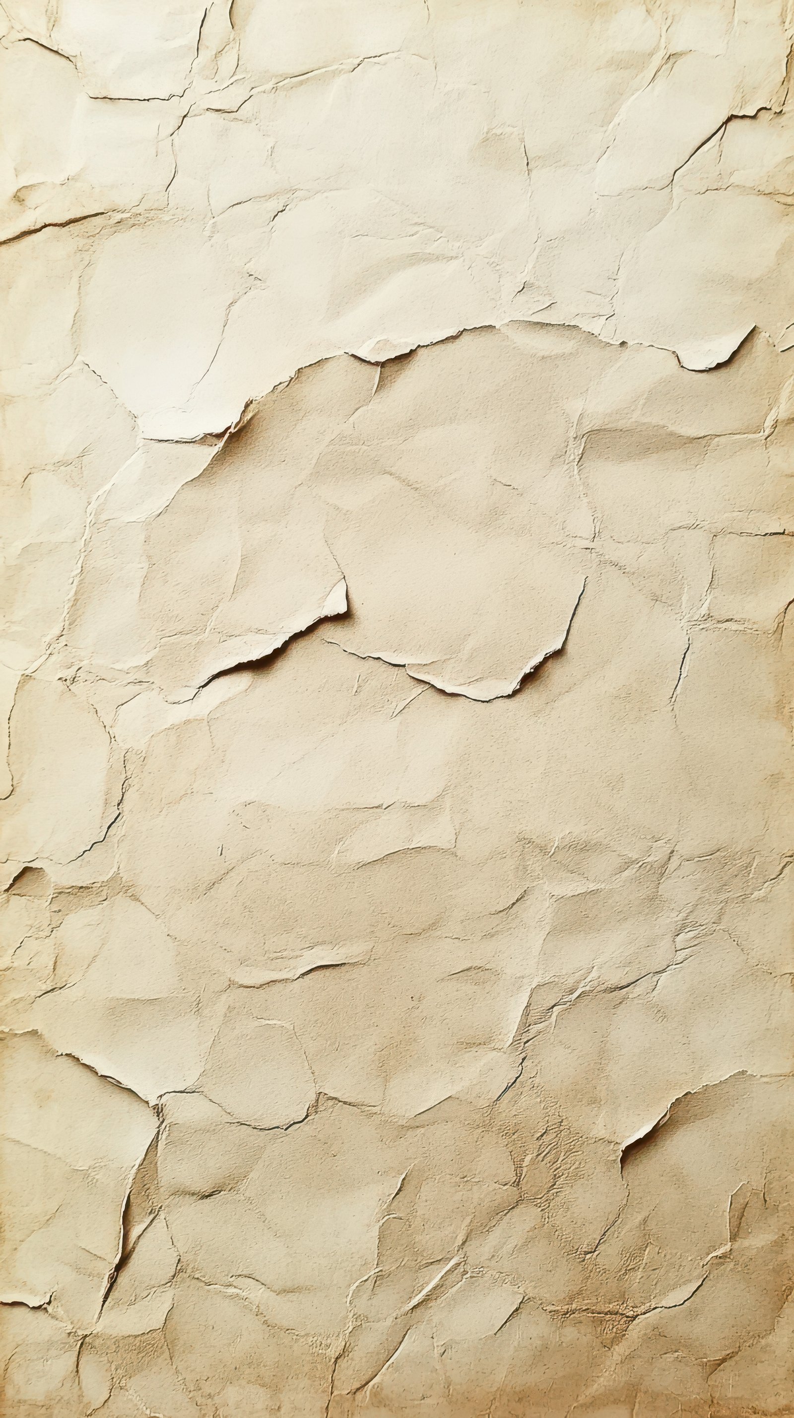 Wrinkled beige paper background with torn edges showing texture and depth in neutral tones for artistic and design purposes